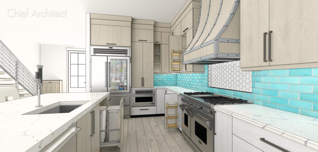 A kitchen designed in Chief Architect that has cabinets with accessory inserts. 