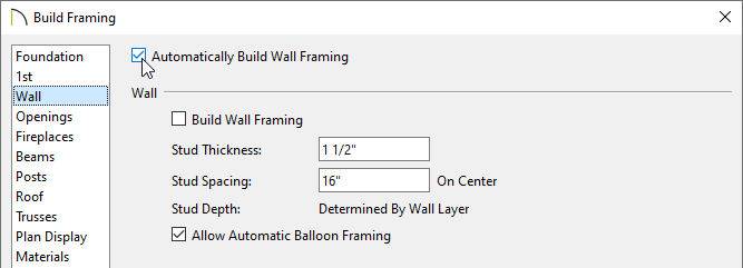 Check one of the Build Wall Framing boxes on the Wall panel in X15 and prior