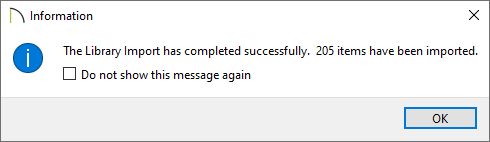 Information message stating the Library Import has completed successfully. 