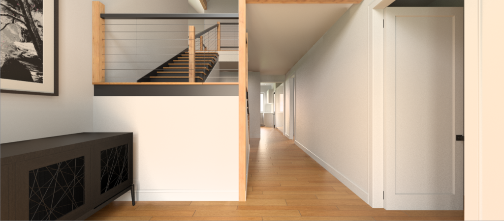 A rendering of a hallway that is bright, open, and free of clutter. There are cream walls, natural oak floors and black accents. 