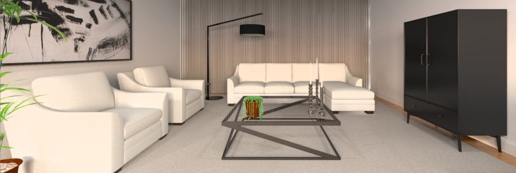 A rendering of a living room arranged using the principles of feng shui with white furniture and area rug, oak flooring and a contemporary coffee table. 