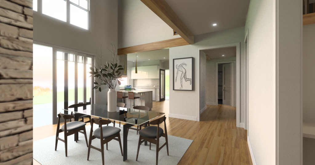 A modern dining room rendering with natural oak flooring and a glass top dining table with a vase of magnolia leaves on it. 