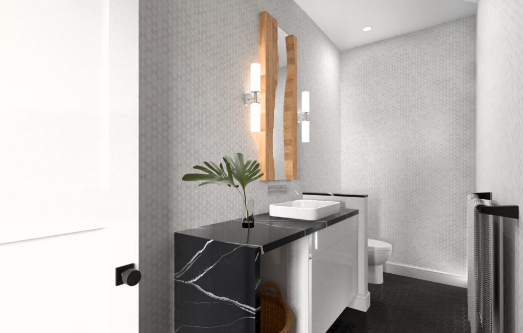 A bathroom rendering that was designed using the principles of feng shui. This bathroom has a black stone waterfall countertop, black hexagon tile floor, a subtle wallpaper and wood accents.  